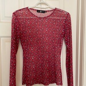 Fitted Red Mesh Long Sleeve with Floral Pattern